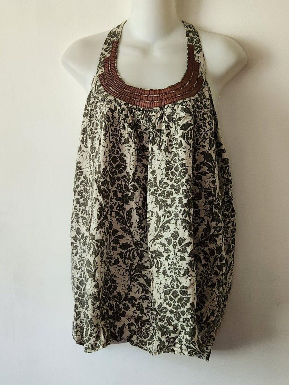 Elle Beige and Black Floral Halter Tank with Brown Beaded Neck